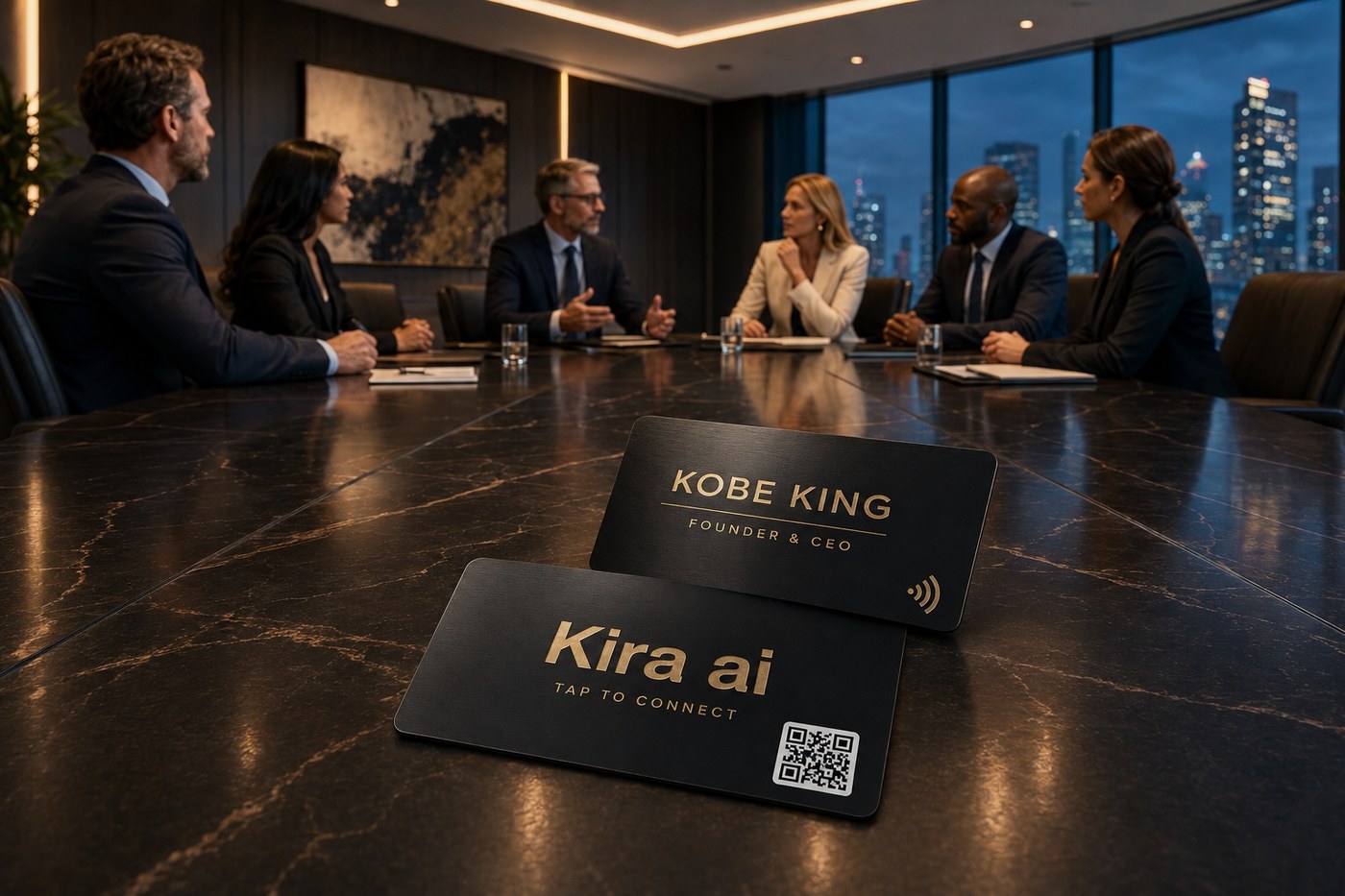 Two matte black Kira NFC cards on a boardroom table